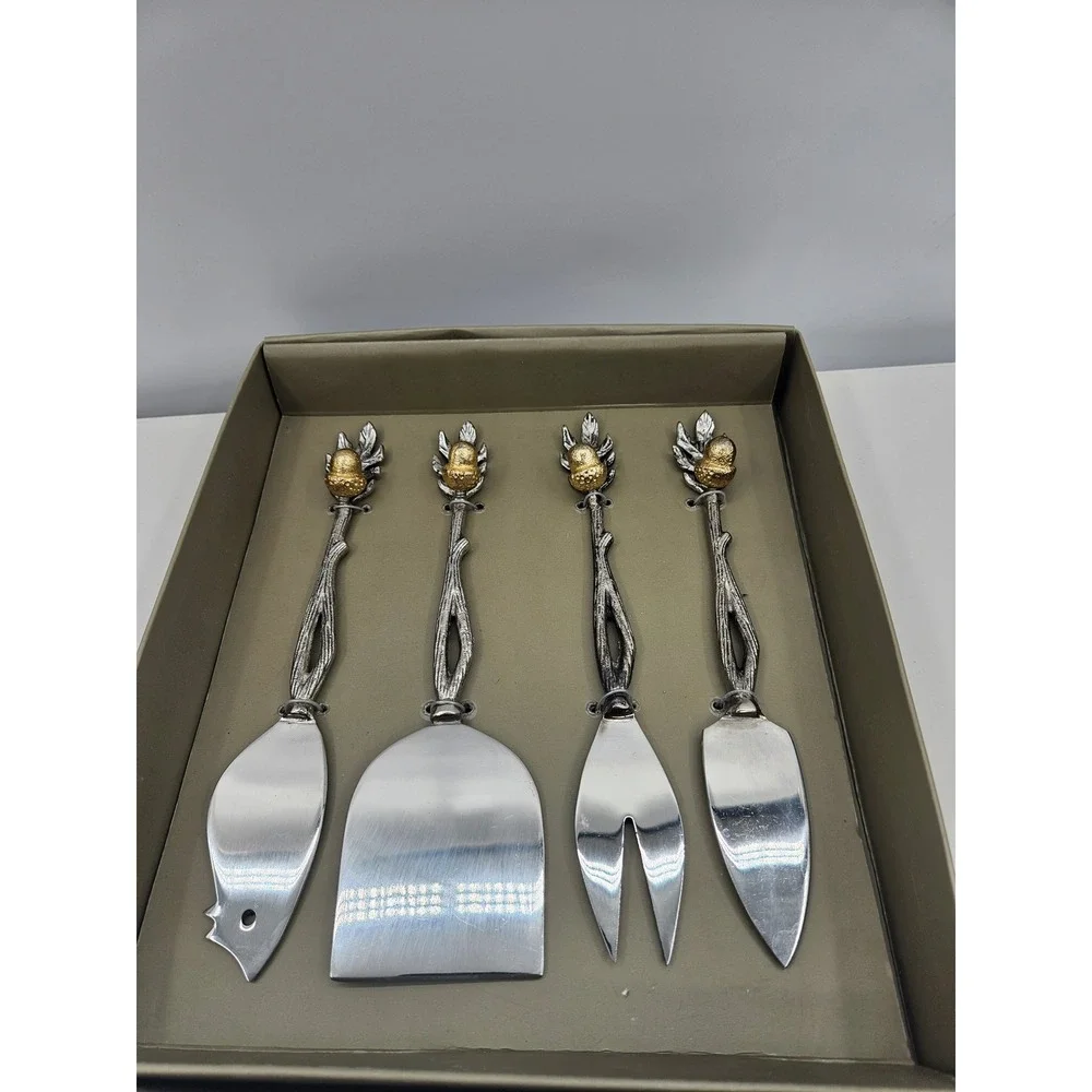 4pc Acorn Oak Leaf Cheese Knife Set Silver Gold Twig Handle Nature Theme NEW